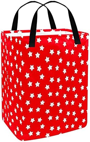 דפוס כוכב לבן סל כביסה אדום לחג המולד, סל כביסה עצמאי 60 ליטר עם ידיות ארוכות לאחסון צעצועי בגדים,