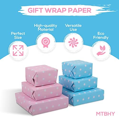 נייר עטיפה מנוקדת הפיך-גליל 16 רגל לתינוקות בנים ובנות בצבע ורוד וכחול-אריזת מתנה לימי הולדת, מקלחות לתינוקות