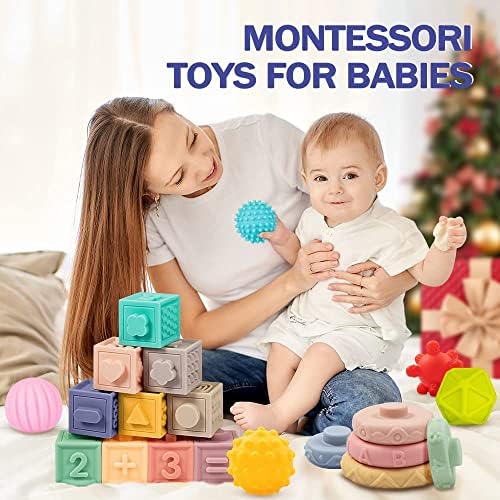 24 יחידות צעצועים לתינוק 6-12 חודשים, 3 ב 1 צעצועי מונטסורי לתינוקות 0-3-6-12 חודשים, ערימת אבני