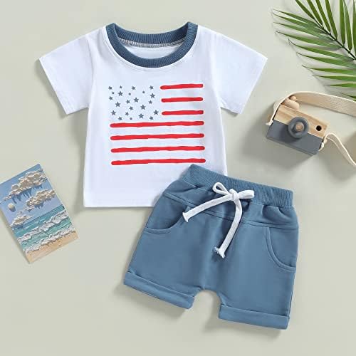 Ynibbim פעוט תינוק תינוק תלבושות 4 ביולי 0-4 שנים בגדי קיץ הדפסים מכתבים ומכנסיים קצרים כותנה