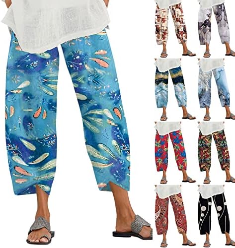 מכנסי קאפרי קיץ לנשים כותנה מזדמנים פשתן מותניים אלסטיים מכנסיים מחודדים חוף רופף קרסול מכנסיים קצוצים בכיס