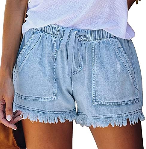 שרוך ז 'אן מכנסיים קצרים לנשים קיץ שטף אלסטי מותניים קצר ג' ינס מזדמן עלייה גבוהה בלוי מכפלת ג ' ינס קצר מכנסיים