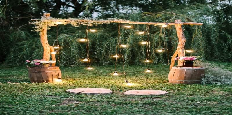 יייל 20 על 10 רגל רקע טקס אירוסין בסגנון כפרי קשת חתונה נהדרת אורות מחרוזת נוצצים זרי פרחים צילום רקע תאריך