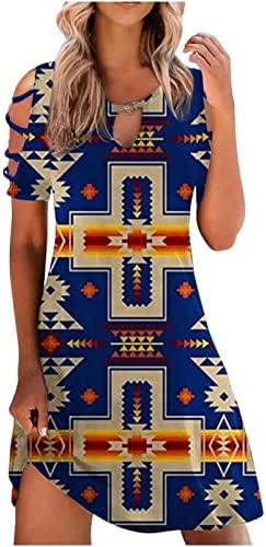 שמלות קיץ של פירו לנשים 2023, נשים וינטג 'מערבית הדפסת טלאים טלאים שרוול קצר חלול שמלת חור מפתח