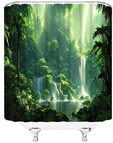 וילון מקלחת יערות גשם טרופי טבעי יער עץ ירוק עלים אור שמש ג'ונגל קיץ נוף בדים וילון עיצוב אמבטיה