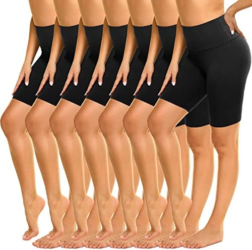 Zoosixx 7 חבילה מכנסי אופנוען בעלי מותניים גבוהים לנשים, אימון יוגה רך 8 אינץ 'מכנסיים אתלטים שחורים