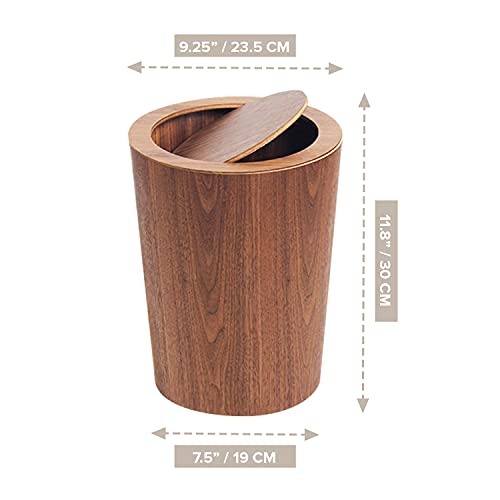 פח אשפה עגול מודרני עם מכסה-סל פסולת מעץ אמיתי מלא באגוז-8 ליטר / 2.1 גל-9.25 על 7.5 על 11.8 פח אשפה