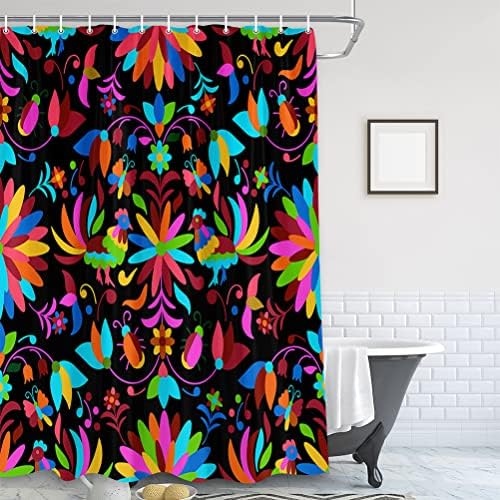 וילון מקלחת מקסיקני, מסורתי מקסיקו אוטומי בסגנון פרחוני סט אביזרים חדר אמבטיה בהיר, אמנות פרחי פייזלי בעיצוב