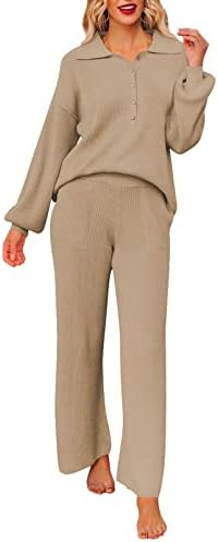 טולני נשים ערכות טרקלין 2 חלקים סוודרי כפתורים סרוגים מצולעים ומכנסי אימונית רחבים