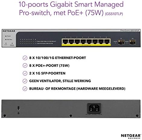 NetGear 10 -Port Gigabit Ethernet Smart Smart Switch Switch Pro Switch - עם 8 x Poe+ @ 190W, 2 x 1G SFP,