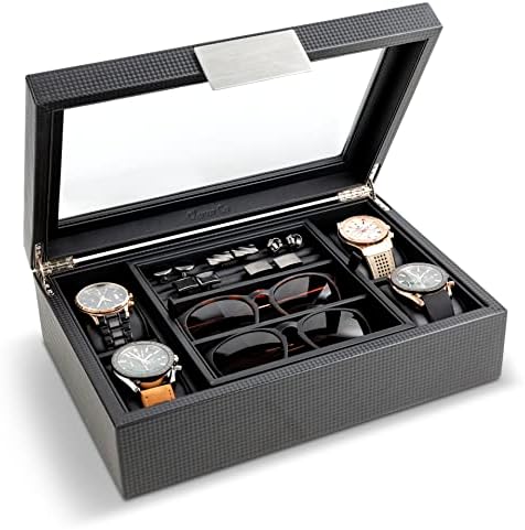 קופסת תכשיטים לגברים-מחזיק 4 שעונים, 12 חפתים, 2 משקפי שמש ואחסון מגש-מארז שעונים לגברים - מארגן סיבי