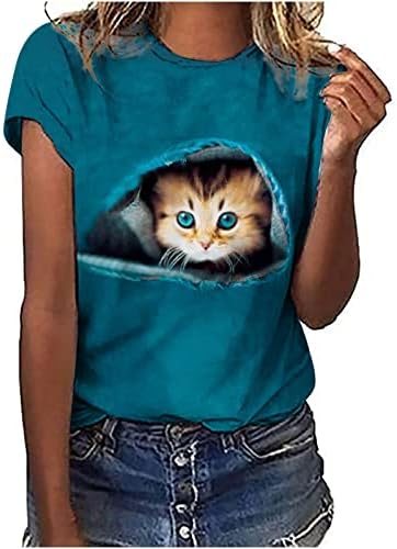 חולצות לנשים קיץ טרנדי 3 ד חתול מודפס חולצות מקרית קצר שרוול טיז מצחיק בעלי החיים גרפי נוער בנות חולצה