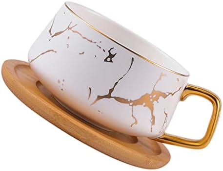 Upkoch כוס כוס כוס תה עם צלוחית מעץ סט קרמיקה כוסות קפוצ'ינו כוסות דפוס שיש ספלי כוס כוס כוס צלוחית סט חרסינה כוס