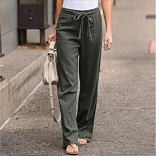 RKSTN מותניים גבוהים מכנסי רגל רחבים לנשים מכנסיים אלסטיים מגרשים מזדמנים עם כיסים כותנה פשתן מכנסיים