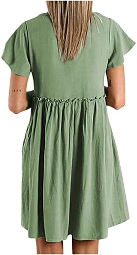 נשים של קיץ נדנדה חצאית רופף מוצק צבע צווארון כפתור גבוהה מותן עץ אוזן קצר שרוול מוצק צבע חצאית