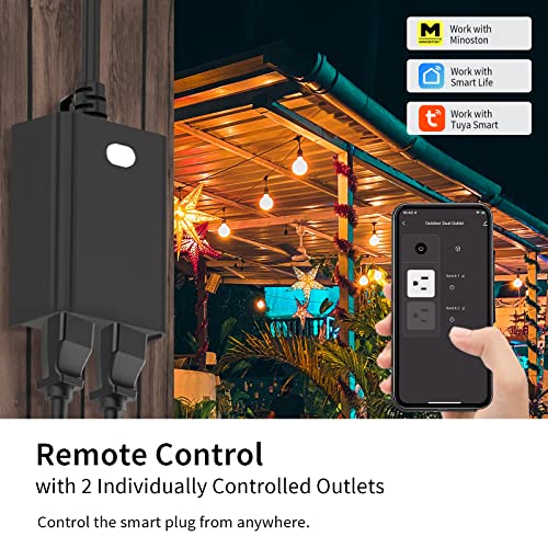 Minoston Outdoor Plug Plug Wi-Fi Outlet עם 2 שקעי בקרה בודדים, עמידות בפני מזג אוויר, עבודה עם