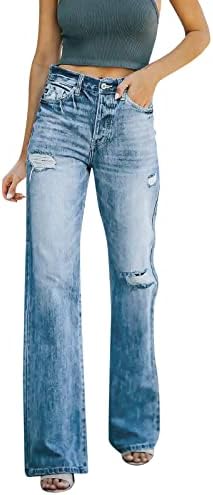 נשים נמתחות מותניים גבוהות מכנסיים ישרים קרעו מכנסי ג'ינס ישר מכנסי מכנסי ג'ינס רוכסן מזדמן פלוס גודל