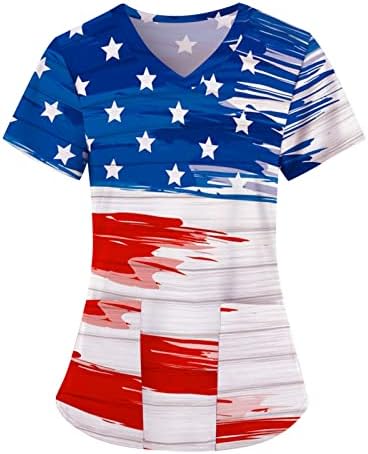 צמרות קרצוף 4 ביולי לנשים ליום העצמאות האמריקאית לבגדי חג לחג ארהב דגל הדפסה צמרות סיעוד עם כיסים