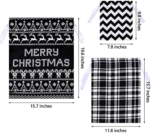Ruisita 9 חתיכות בד חג המולד שקיות מתנה עם שרוך שחור ולבן שימוש חוזר לתיקי מתנה סאטן בגודל 3 גדלים עם