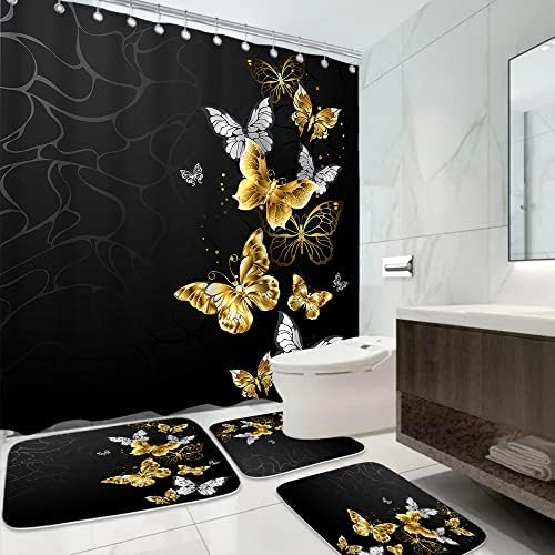TheBlackspot מופשט זהב ופרפרים לבנים וילון מקלחת מערכות 72 x 72 עם שטיח אמבטיה אמבטיה פרפר קצף 20 x 31 שטיח