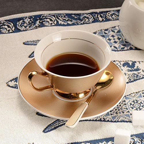 עצם Pfedxoon סין סין כוס תה ורוד עם צלוחית כף 3 סט חתיכות （7oz Å כוסות קפוצ'ינו, כוסות קפה, סט