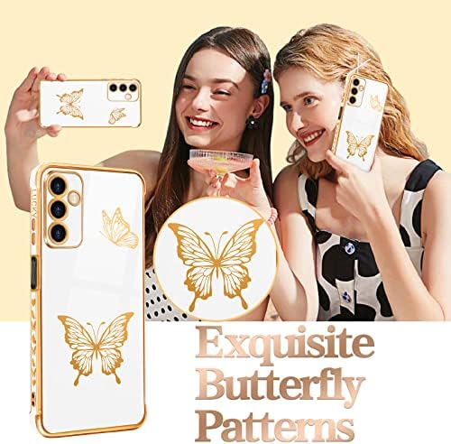 קורלוגו לסמסונג גלקסי A14 5G טלפון פרפר פרפר לנשים בנות נערות יפות מקרים יפים חמודים לבנים וזהב ציפוי פרפרים עיצוב