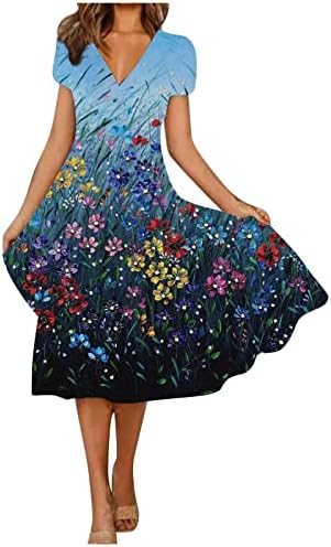 נשים בוהו פרחוני הדפסת שמלת קיץ קצר שרוול צווארון מידי נדנדה שמלת טרנדי פסטיבל חג מסיבת שמלות