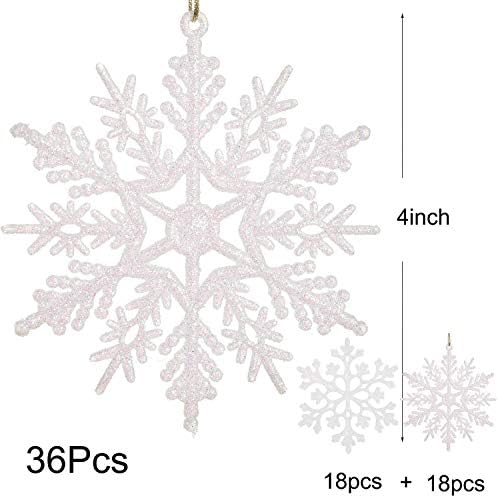 Lvydec 36 יחידות חג המולד נצנצים קישוטי פתית שלג, פתיתי שלג מפלסטיק קישוטי עץ חג המולד לעיצוב מסיבת