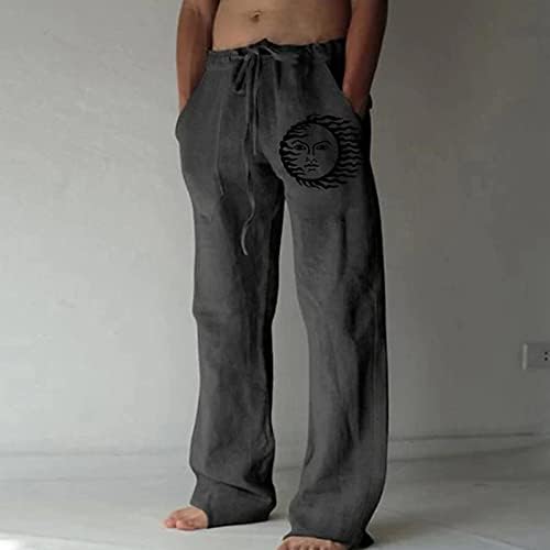 גברים מכנסי פשתן כותנה קיץ כיסים רופפים מכנסי מותניים אלסטי