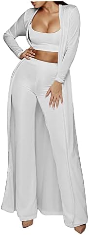 חליפה 3 חלקים לשרוול ארוך מוצק לנשים פתוח קדמי ארוך קדמוני קרדיגן וגופייה של חותלות עם חותלות.