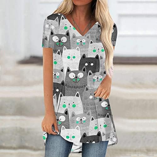 צמרות טוניקת חתול חמודות לחותלות לחותלות לנשים קיץ v צוואר ארוך חולצות טירטונים מצוירים הדפס גרפי משוחרר חולצה