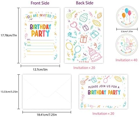 Avamie 20 חבילה הזמנות ליום הולדת צבעוניות עם מעטפות ומדבקות, כרטיסי הזמנה למסיבת יום הולדת