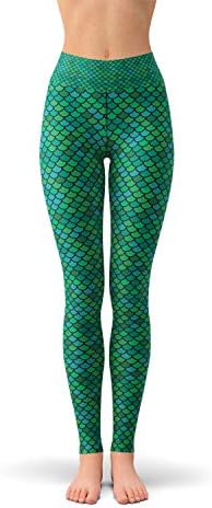 חותלות יוגה בת ים ירוקות לנשים מכנסי אימון מותניים גבוהים עם הדפסת סולמות דגים