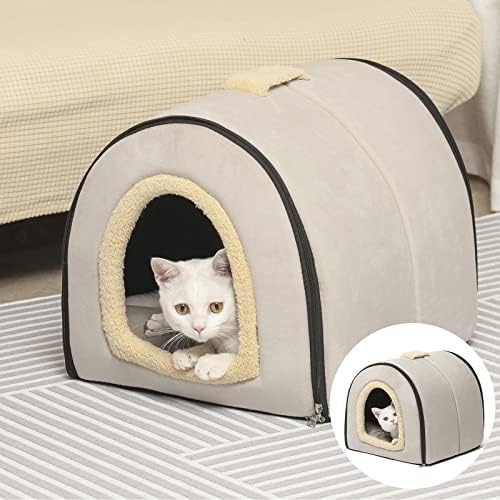 חתול בתי לחתולים מקורה-עצמי התחממות חתול מיטת 2 ב 1, מתקפל חתול צריף עבור מקורה / חיצוני חתולים מכוסה