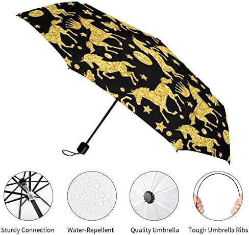 זהב גליטר חדי קרן 3 קפלים מטריית נסיעות נגד אולטרה סגול מטריות אטומות לרוח מטרייה פתוחה אוטומטית