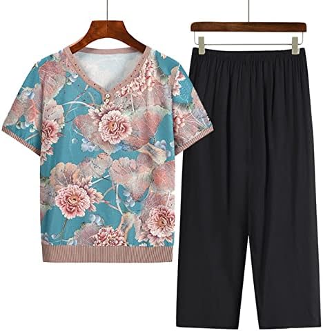 פיג'מה שני חלקים של נשים סט של חתיכות סטריו של שרוול קצר למטה חולצה ומכנסי קפרי Sleepwear PJS