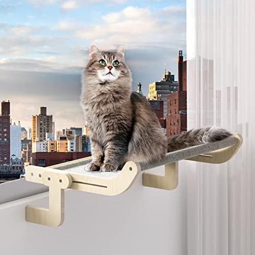 צריף לחיות מחמד מוט חלון חתול גדול-מושב חלון ערסל חתול חסון עם מסגרת עץ ומתכת, קל להתאמה, עיצוב ללא