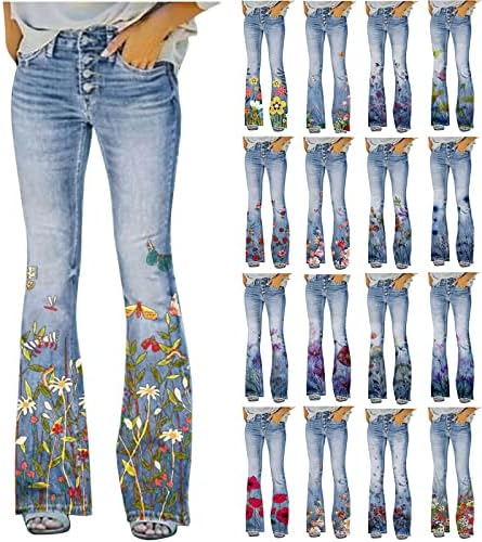 מכנסי ג'ינס עם מותניים גבוהים לנשים 2023 כפתור קיץ הדפס פרחוני התלקחות ג'ינס פעמון תחתון נמתח מכנסי רגל ישר