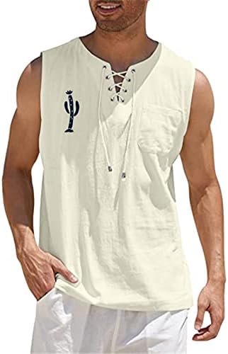 XXBR Mens כותנה פשתן חולצות ללא שרוולים שרוך צוואר V הדפס גרפי גופיות מזדמנים גופיות רגועות כושר