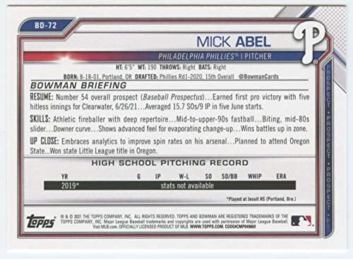 2021 דראפט Bowman BD-72 Mick Abel RC טירון פילדלפיה פיליס MLB כרטיס מסחר בייסבול