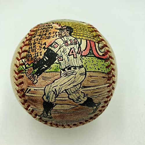 היפה האנק אהרון חתום ביד צבוע ביד ג'ורג 'סוסנאק אמנות עממית בייסבול JSA COA - Artoggled MLB Art
