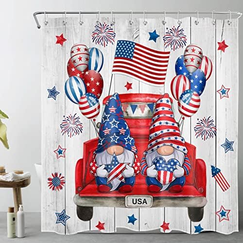 LB יום עצמאות וילון מקלחת וינטג 'משאית אדומה מושכת גנומס בלוני דגל אמריקאים 4 ביולי וילון מקלחת אמבטיה
