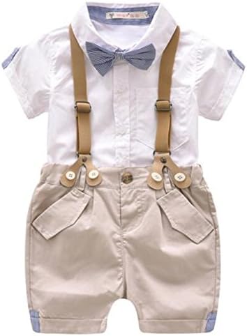 EGELEXY פעוט בנים תינוקות ג'נטלמן תלבושות טריקו שרוול קצר+מכנסי ביב+עניבת פרפר 3 יחידות