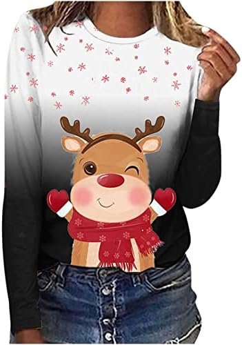 חולצות חג המולד של נשים טשירטים מודפסים חמודים סוודר שרוול ארוך כובע סנטה מזדמן
