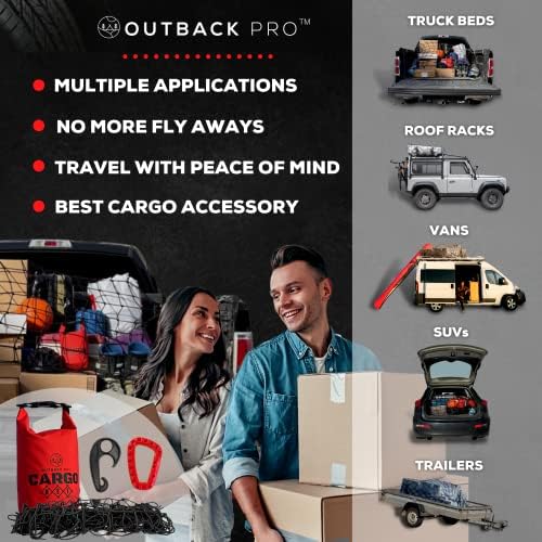 Outback Pro 4'x6 'Net Cargo, ווים 24-PC, נמתח עד 8'x12', שקית אחסון ברזנט, אביזרים למיטת טנדר, קרוואן,