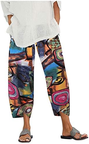 מכנסי קפרי קיץ של ווקאצ'י לנשים מכות כותנה מכות קז'ן פשתן רגל רחבה מיתרים אלסטיים מותניים קפריס יבול תחתיות