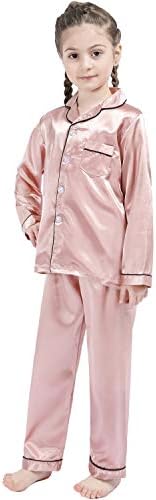 סט פיג 'מת סאטן משי בנות בני ילדים מכופתרת בגדי פיג' מות בגדי שינה עם שרוול ארוך