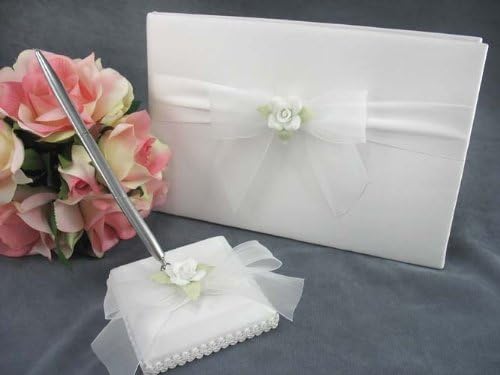 ספר אורחים לחתונה של ורד לבן ועט עט: סט צבע: שנהב/עט זהב