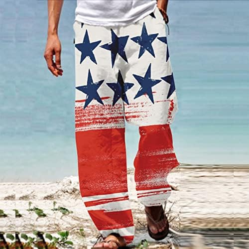 מכנסי פשתן מזדמנים של גברים יום עצמאות אמריקאית 3D מודפסת כושר רופף כושר אלסטי מותניים מותניים