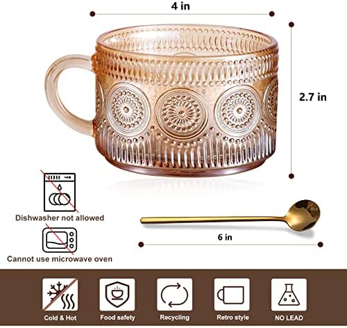 ספלי קפה מזכוכית סט של 2 ספלי קפה וינטג 'ענבר, כוסות זכוכית מובלטות עם מכסי במבוק וכפות, כוסות תה